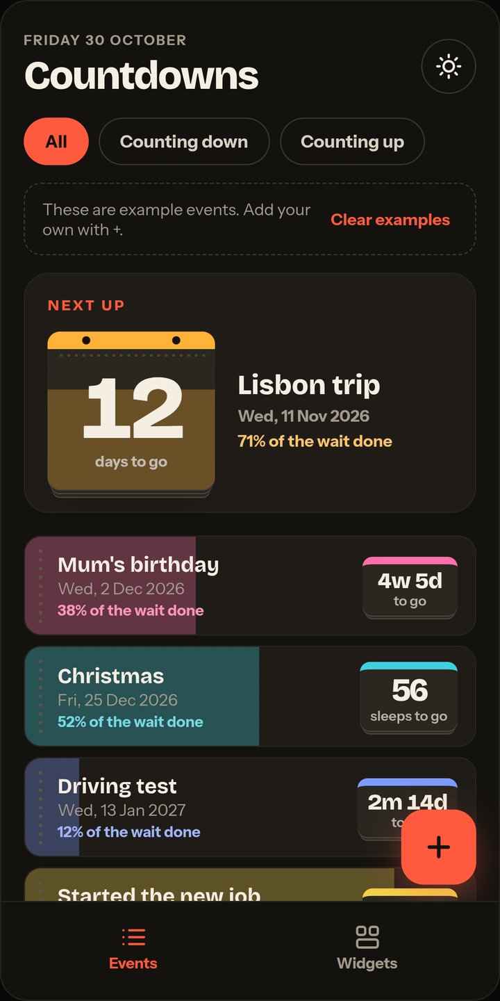 Almost events list in dark mode, full size