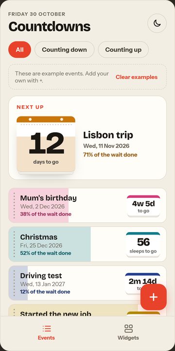 Almost events list in light mode: a Next up calendar page for a Lisbon trip, 12 days to go, above a birthday, Christmas and a driving test