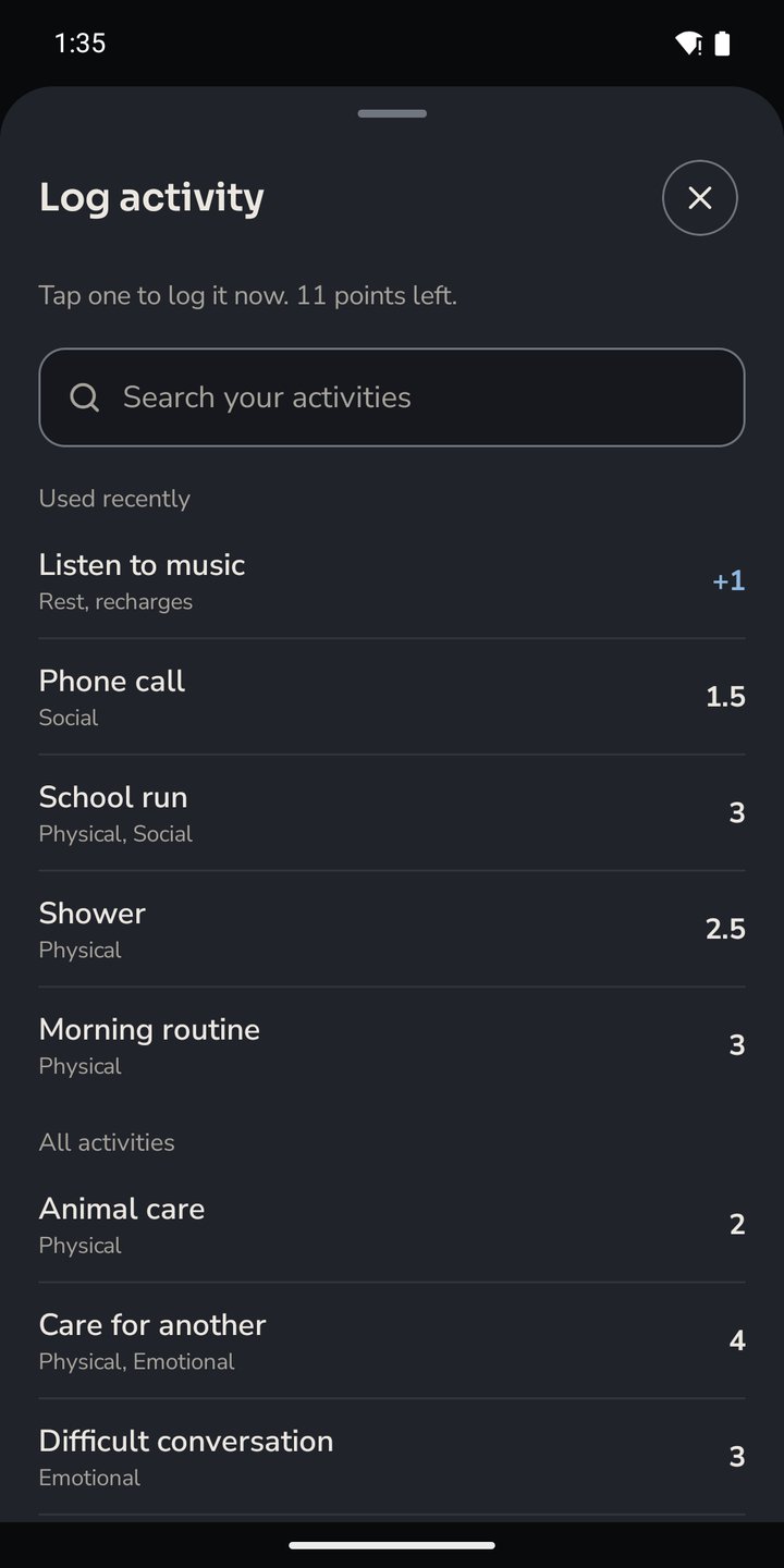 Energy Management Log activity: search, recently used and all activities with their points, full size