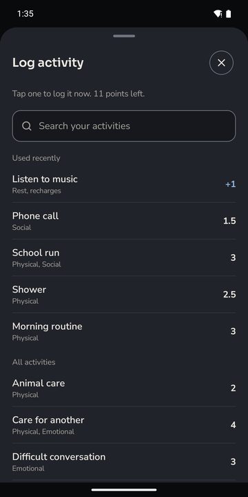 Energy Management Log activity: search, recently used and all activities with their points