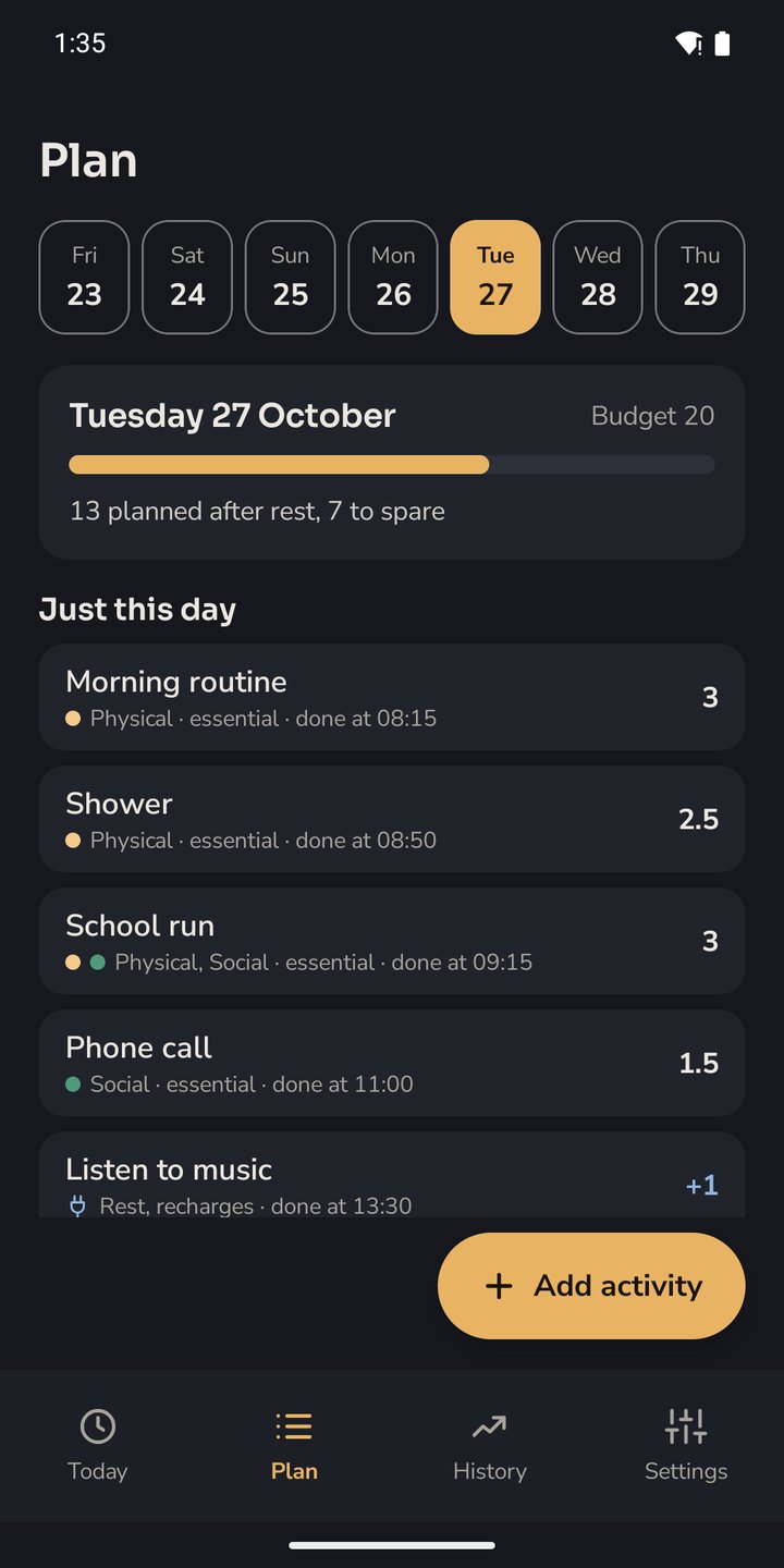 Energy Management Plan: the week's days, the day's budget bar and the planned activities, full size