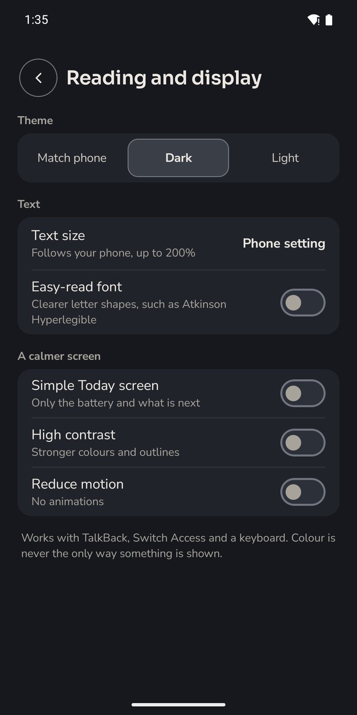 Energy Management Reading and display settings: theme, text size, easy-read font, high contrast and reduce motion, full size
