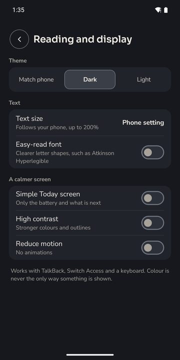 Energy Management Reading and display settings: theme, text size, easy-read font, high contrast and reduce motion