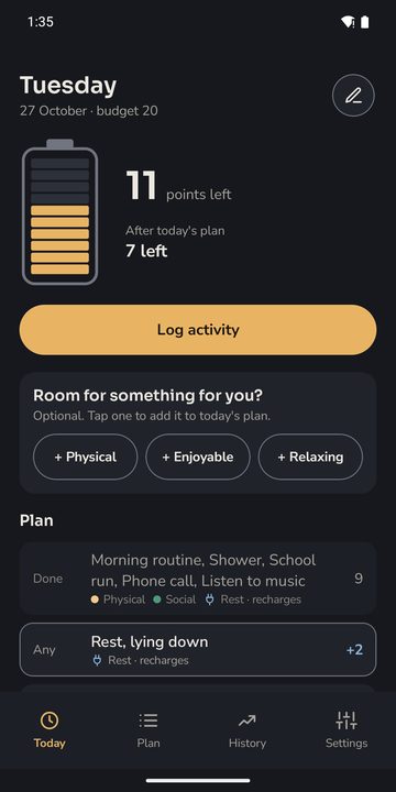 Energy Management Today screen: an energy battery with 11 points left, Log activity, and the day's plan