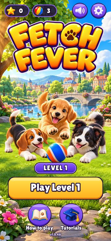 Fetch Fever home screen: three puppies chase a ball in a park, with Play Level 1
