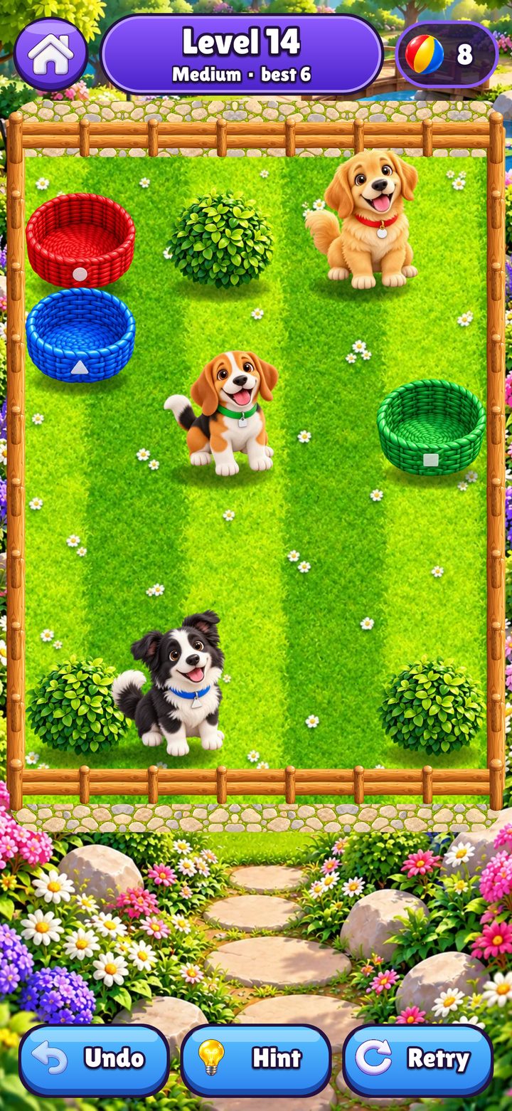 Fetch Fever level 14: three puppies in a fenced garden with red, blue and green baskets, full size