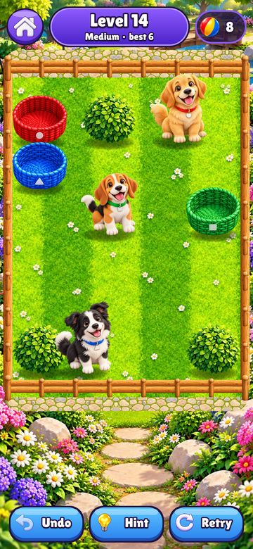 Fetch Fever level 14: three puppies in a fenced garden with red, blue and green baskets