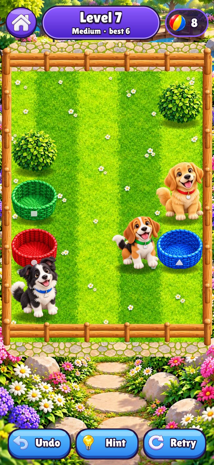 Fetch Fever level 7: three puppies in a fenced garden with red, blue and green baskets, full size