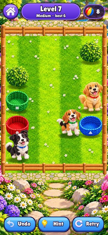 Fetch Fever level 7: three puppies in a fenced garden with red, blue and green baskets