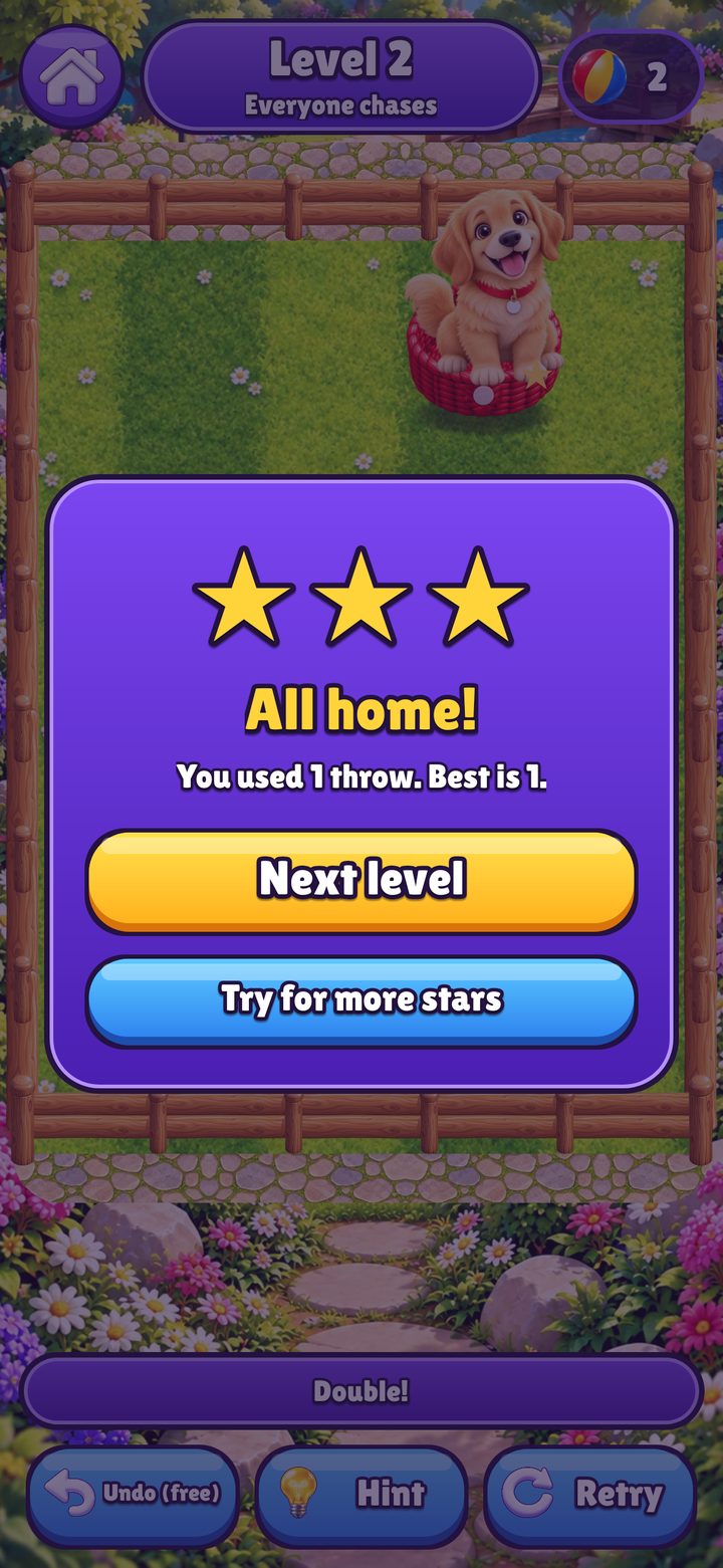Fetch Fever level won: three stars, all home, full size