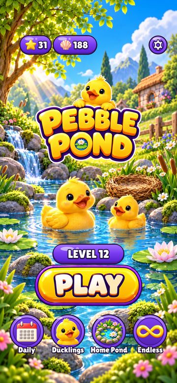 Pebble Pond home screen: rubber ducks on a sunny pond, Level 12, Play