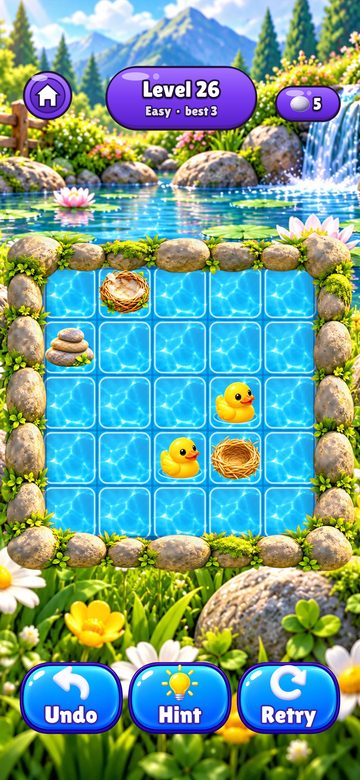 Pebble Pond level 26 in summer: ducks, rocks and nests on a pond grid