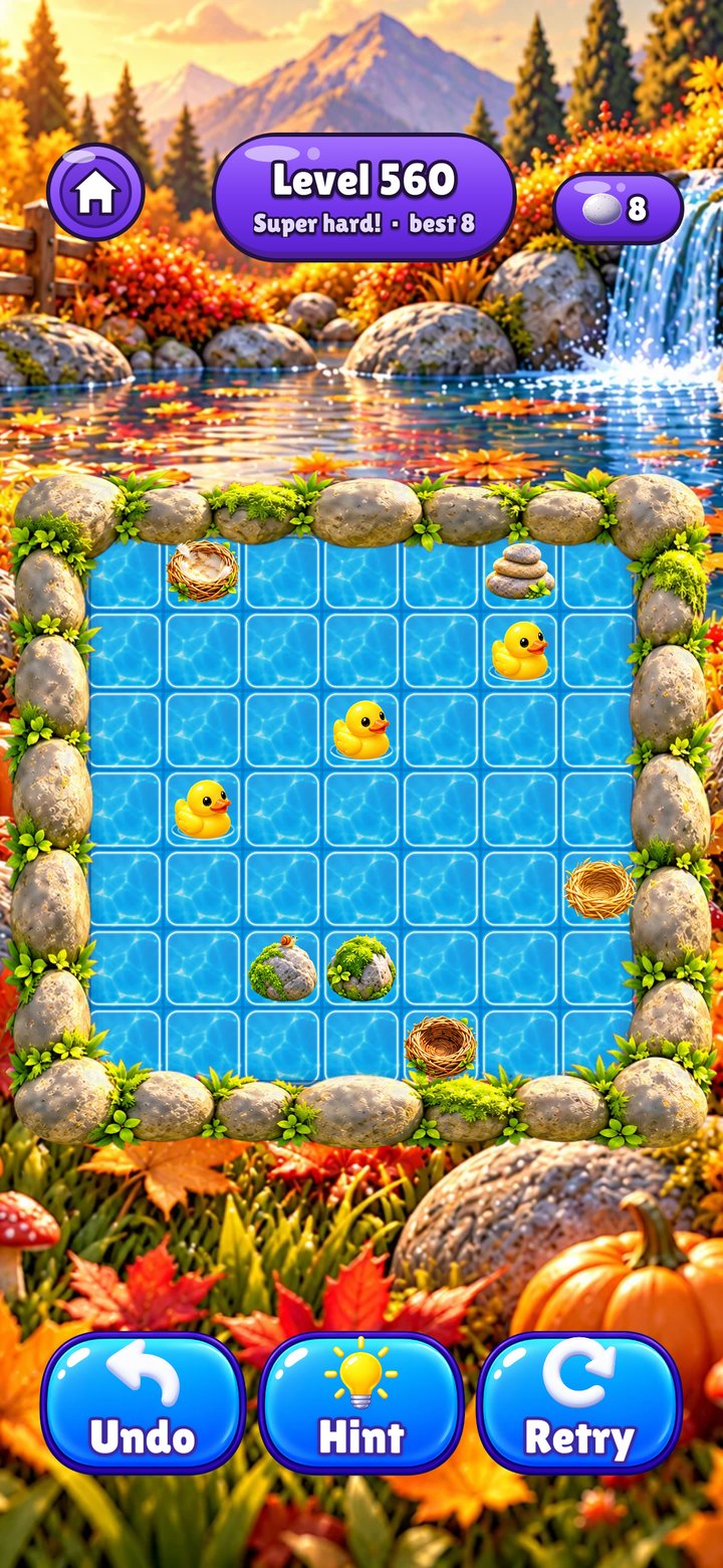 Pebble Pond level 560 in autumn: ducks, rocks and nests on a pond grid among orange leaves, full size