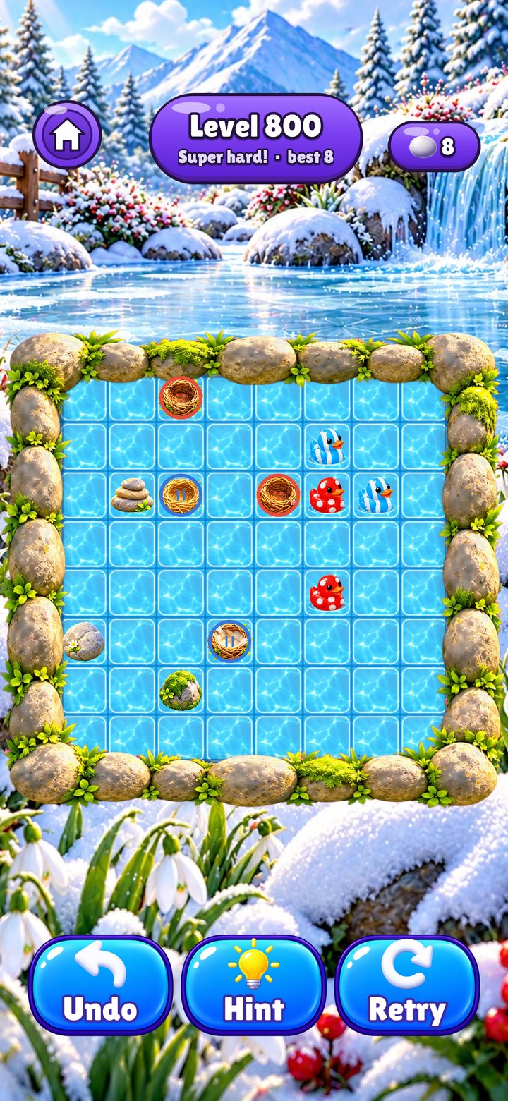 Pebble Pond level 800 in winter: ducks, rocks and nests on a pond grid in the snow, full size