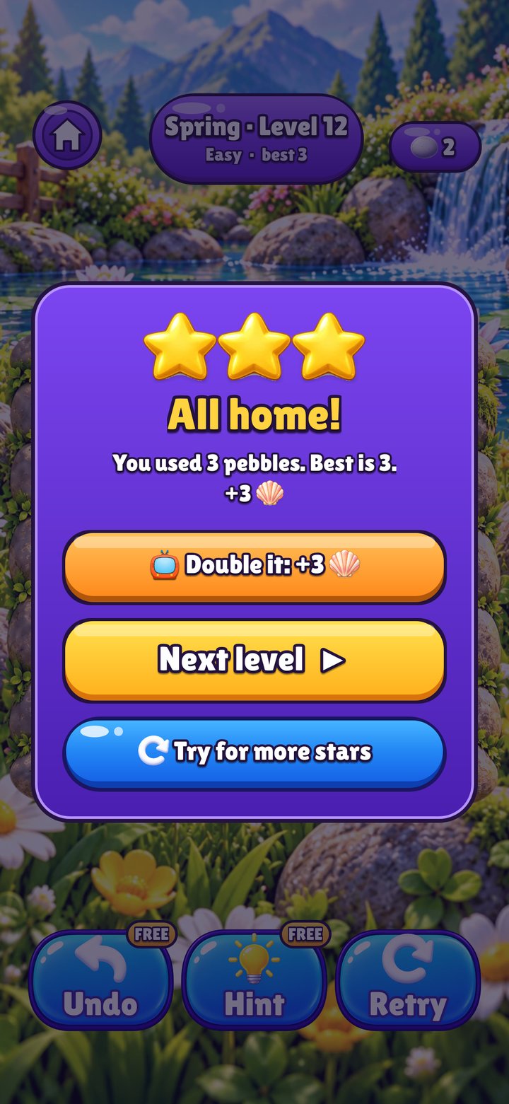 Pebble Pond level won: three stars, all home, Next level, full size