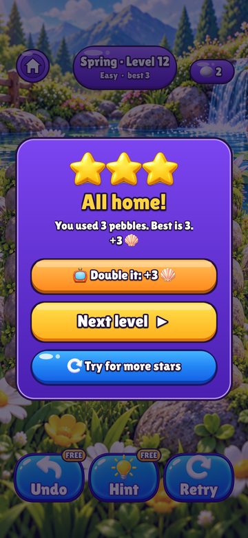 Pebble Pond level won: three stars, all home, Next level