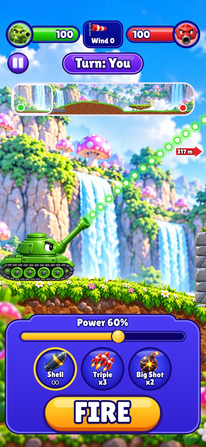 Tank Tussle battle: your green tank aims a shot over the waterfall hills at 60 percent power, full size