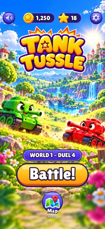 Tank Tussle home screen: a green and a red cartoon tank face off in the hills, World 1 Duel 4, Battle