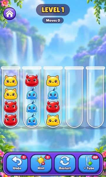 Tube Twist level 1 in play: tubes of jelly blobs to sort by colour