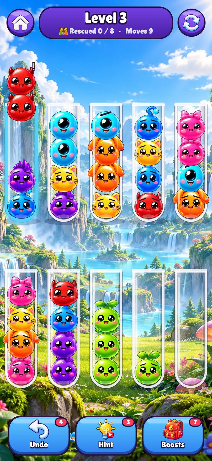 Tube Twist level 3 by a waterfall meadow: tubes of jelly blobs to sort by colour, full size